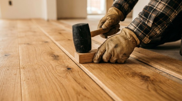 Solid oak floorboards being tapped into place during installation